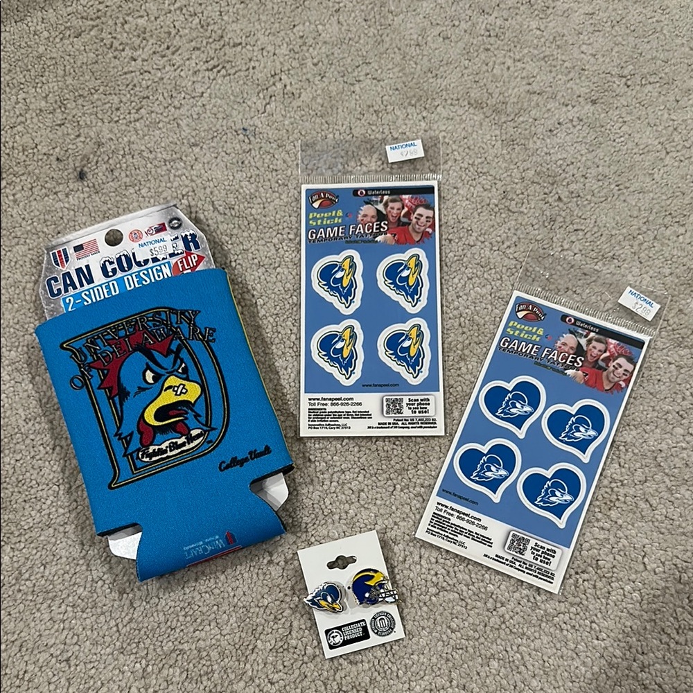 Blue Delaware Blue Hens Can Cooler, Pins, and Face Stickers Set